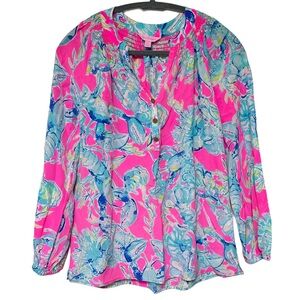 {Lilly Pulitzer} "Elsa Top Lobsters in Love" Silk Blouson Smocked V-Neck Blouse